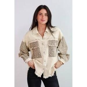 JODIFL Womens 1X‎ Leopard Print Sleeve Button Up Tan Denim Shacket Jacket Cotton